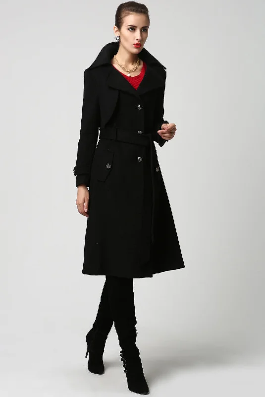 Womens long black  wool trench Coat 1122#