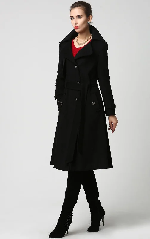 Womens long black  wool trench Coat 1122#