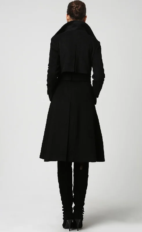 Womens long black  wool trench Coat 1122#