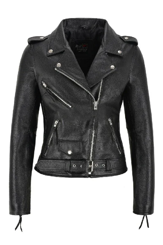 WOMENS NATURAL COWHIDE LEATHER MOTORBIKE BIKER BLACK SLIM FIT JACKET