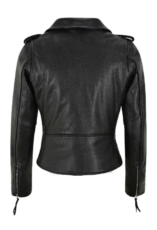 WOMENS NATURAL COWHIDE LEATHER MOTORBIKE BIKER BLACK SLIM FIT JACKET