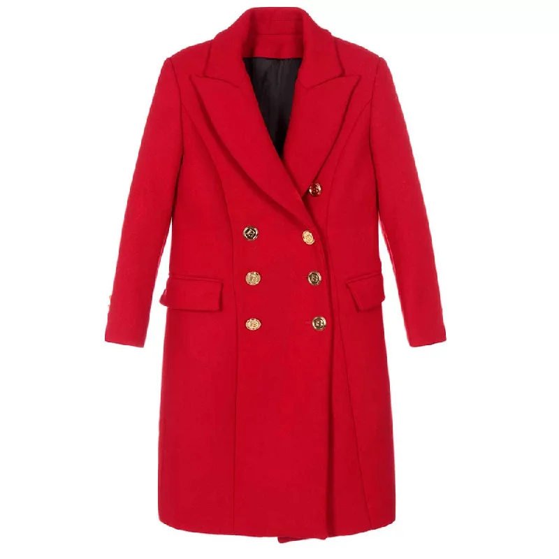 Women's Red Double Breasted Coat With Golden Buttons