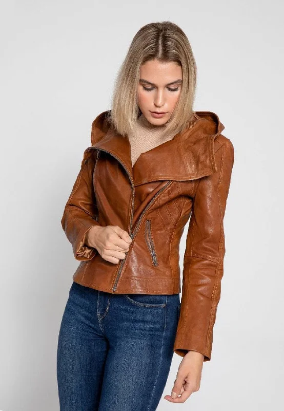 Women's Tan Brown Leather Hooded Biker Jacket