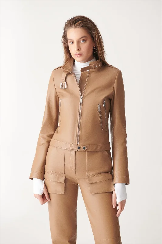 Womens Tan Sports Biker Leather Jacket