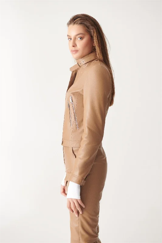 Womens Tan Sports Biker Leather Jacket