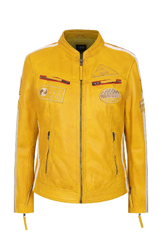 Women's Yellow Racing Style Leather Jacket with Red and White Stripes - FRANCIS