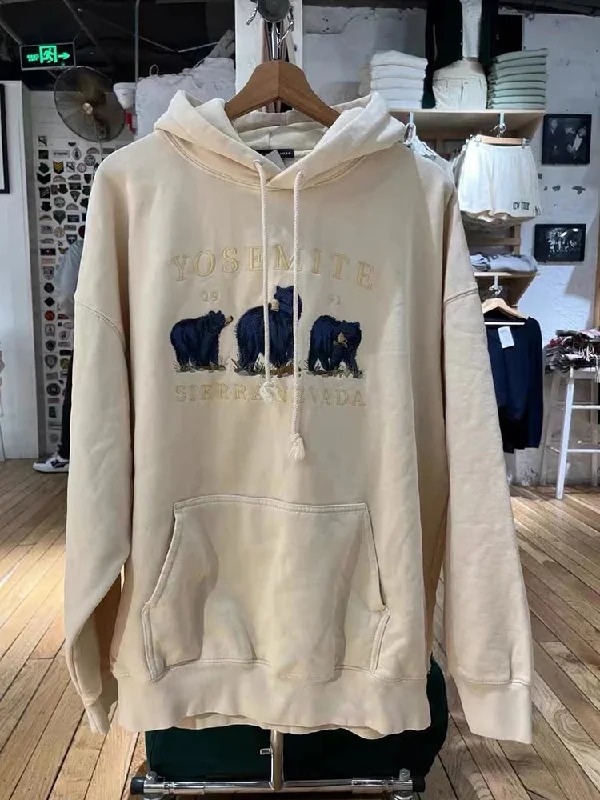 Znbbw Bear Embroidery Beige Hoodie Women Autumn Cotton Pocket Loose Hooded Sweatshirt Vintage Cute Streetwear Pullovers Top Y2k