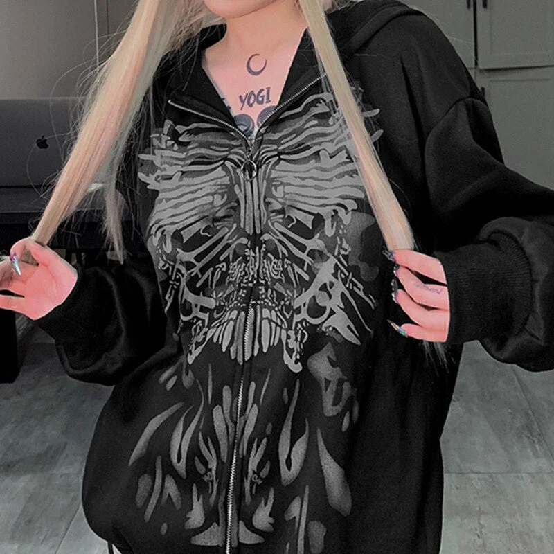 Znbbw Gothic Butterfly Print Oversize Zip Up Hoodie 2023 New Grunge Long Sleeve Sweatshirt Casual Vintage Hooded Jacket Streetwear