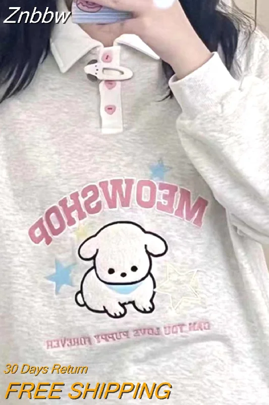 Znbbw Harajuku Kawaii Dog Embroidery Hoodies Women Vintage Kpop Oversized Sweatshirts Japanese Sweet Cartoon Y2K Tops Korean