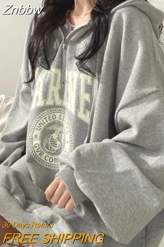 Znbbw Hip Hop Zip Up Oversized Hoodies Women Harajuku Letter Print Sweatshirts Gray Vintage Loose Fleece Winter Tops Grunge