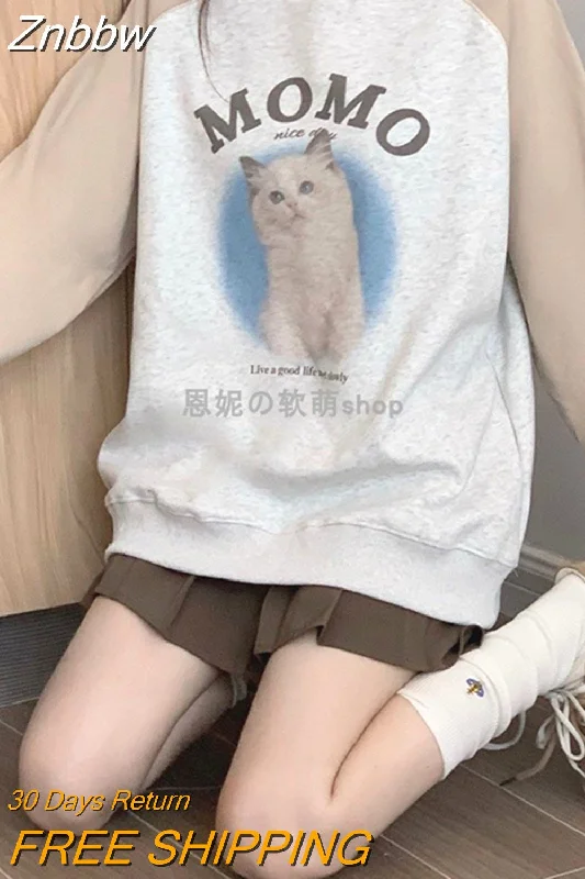 Znbbw Kawaii Cat Print Sweatshirts Women Harajuku Vintage Oversized Hoodies Cartoon Casual Long Sleeve Sweet Crewneck Tops