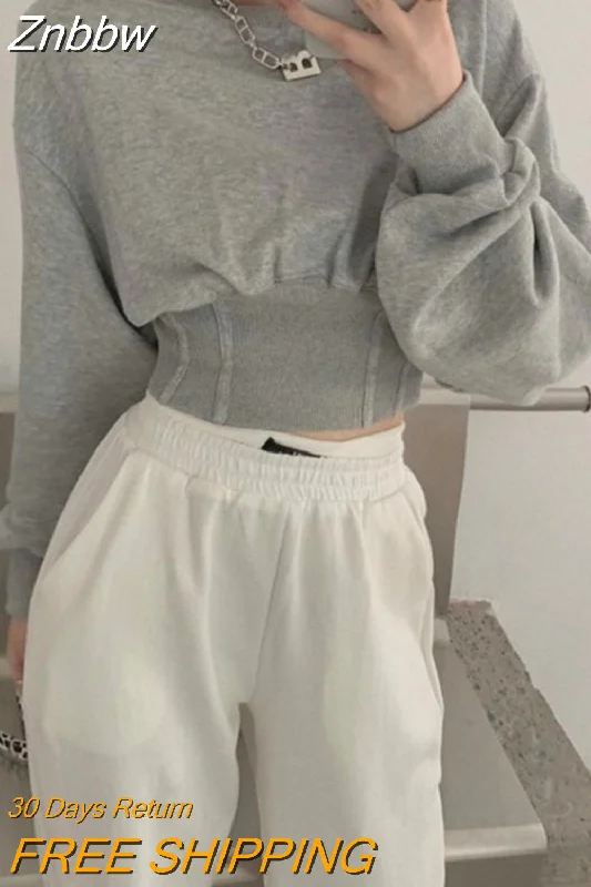 Znbbw Korean Fashion Gray Hoodies Women Harajuku High Waist Cropped Sweatshirts Loose All-match Pullover Tops Kpop Streetwear