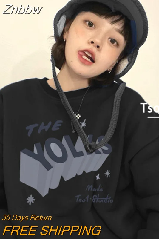 Znbbw Korean Style Letter Print Gray Hoodies Women Harajuku Hip Hop Oversized Sweatshirts Black Casual Pullover Tops Vintage