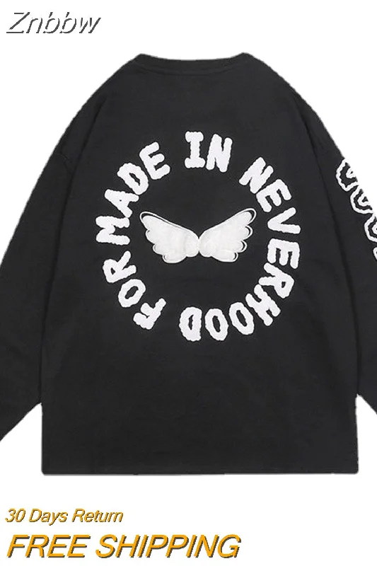 Znbbw Korean Style Letter Print Hoodies Women Harajuku Angel Wings Sweatshirts Plus Size Casual Long Sleeve Tops Girl Clothes