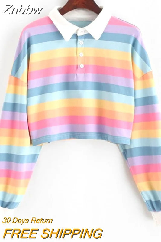 Znbbw Shirt Women Sweatshirt Long Sleeve Rainbow Color Ladies Hoodies With Button Striped Korean Style Sweatshirt Women