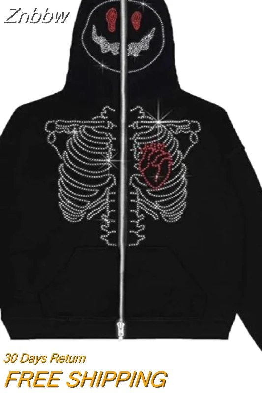 Znbbw Skull Hoodie Women And Men Jacket Goth Hip Hop Sweatshirt Harajuku Vintage Oversized Long Sleeve Skeleton Hoodie Y2k Clothes