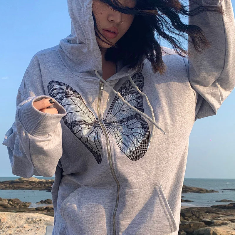 Znbbw Women Diamond Grey Long Jacket Hoodie Y2K Fashion Oversized Butterfly Graphic Rhinestone Sweatshirt Zip Up Hoodie Streetwear