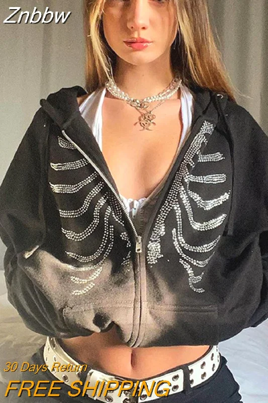 Znbbw Women Zip-up Y2K Harajuku Oversized Skeleton Hoodie Goth Hoodie Female Women Grunge Hooded With Zipper Hood Skull Sweatshirt