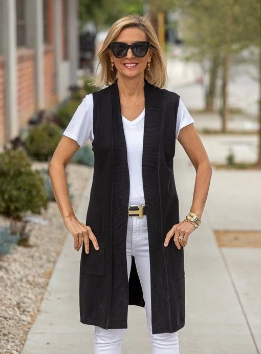 Black Lightweight Open Front Cardigan Vest