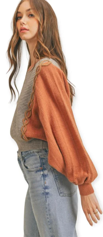 Mixed Knit Batwing Sweater- Copper