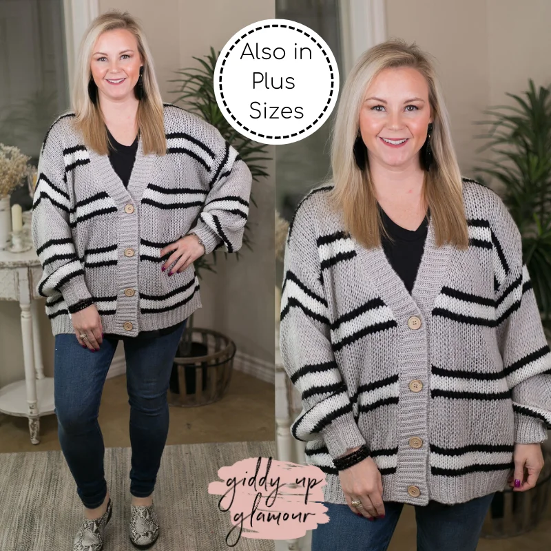 Last Chance Size Small | It's A Beautiful Day Over Size Stripe Button Up Knit Cardigan in Grey