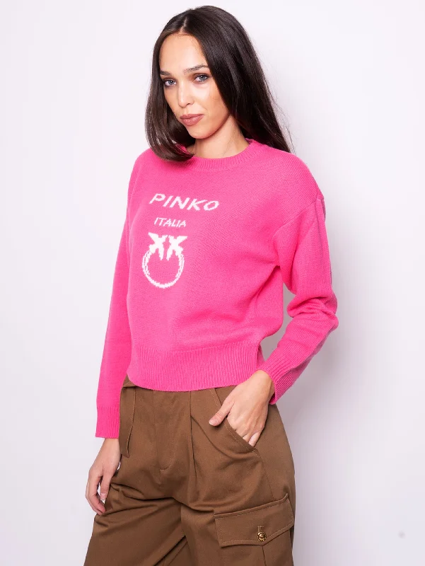 Maglione con Intarsio Maxi Logo Fucsia