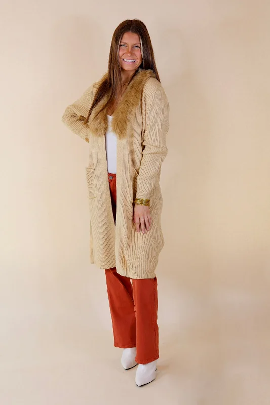 Romantic Allure Sweater Cardigan with Faux Fur Collar in Beige