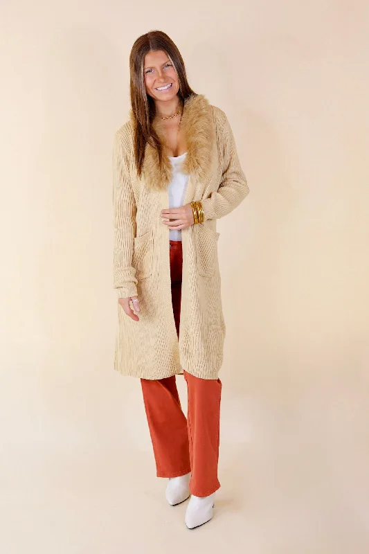 Romantic Allure Sweater Cardigan with Faux Fur Collar in Beige