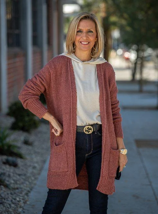 Rosewood Boucle Knit Cardigan with Pockets