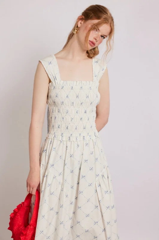 Violet Midi Dress Bow Print White/Blue