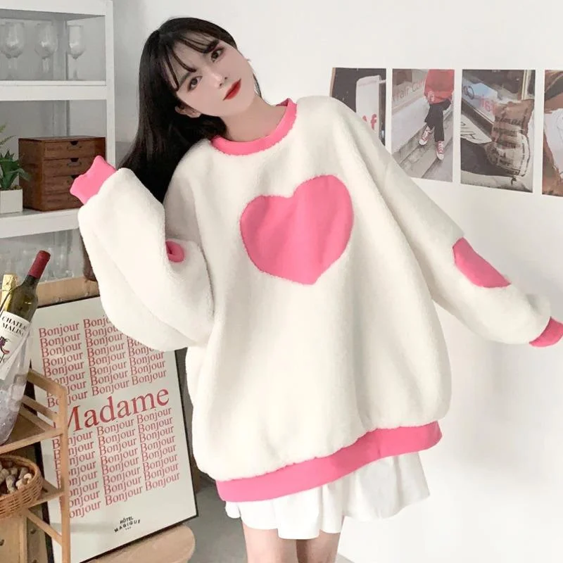 Women's Kawaii Double Color Heart Sherpa Sweatshirt