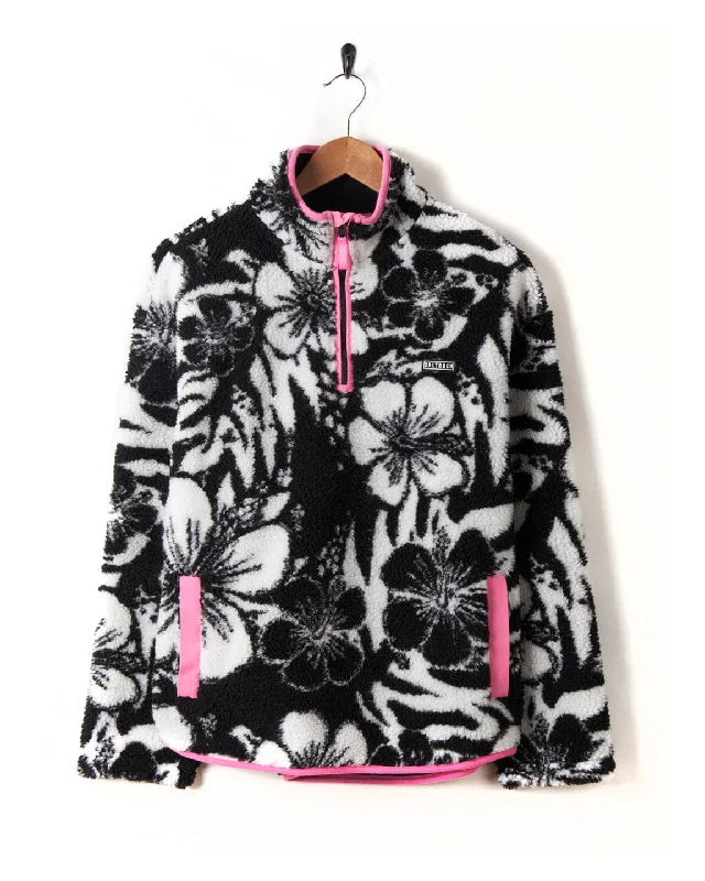 Zella Hibiscus - Womens 1/4 Neck Fleece - Black Floral