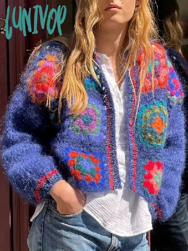 Lunivop Gypsy lady Knitted Block Pattern Sweater Cardigan Handmade Crochet Women Bohemian Cardigan Laides Dames Autumn Blue Bobo Coats