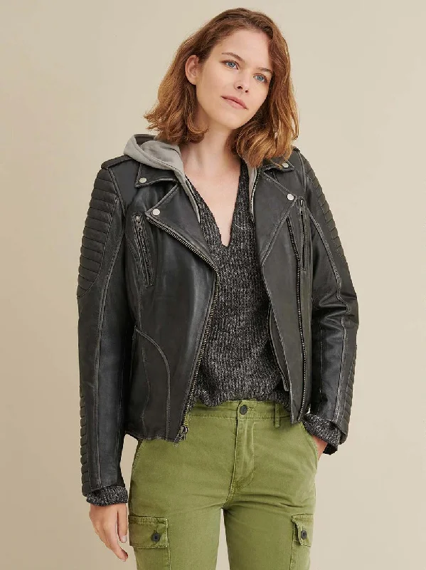 Quilted Shoulder Leather Moto Cycle Jacket Black